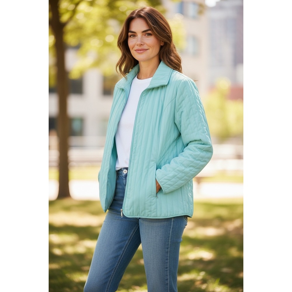 Chicos Quilted Zip Front Jacket Aqua Blue Vertical Stitch Lightweight‎ Size 2 L
